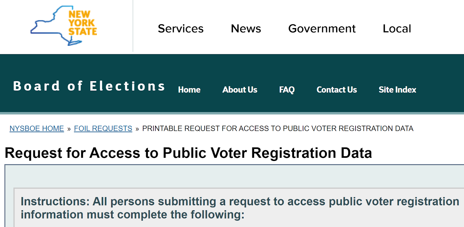 Figure 4: New York State website for attaining access to voter information via an online form. https://www.elections.ny.gov/FoilRequests.html
